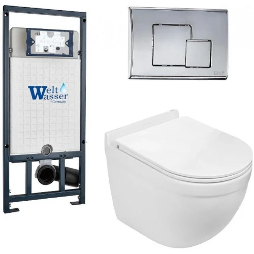 Комплект унитаза с инсталляцией WeltWasser MARBERG 507 + HEIMBACH 043 GL-WT + MAR 507 SE-CR 10000012166 цвет Белый глянцевый с сиденьем Микролифт и клавишей смыва цвет Хром
