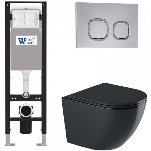 Комплект унитаза с инсталляцией WeltWasser AMBERG 350 + MERZBACH 043 GL-BL + AMBERG RD-CR 10000012370 цвет Черный глянцевый с сиденьем Микролифт и клавишей смыва цвет Хром