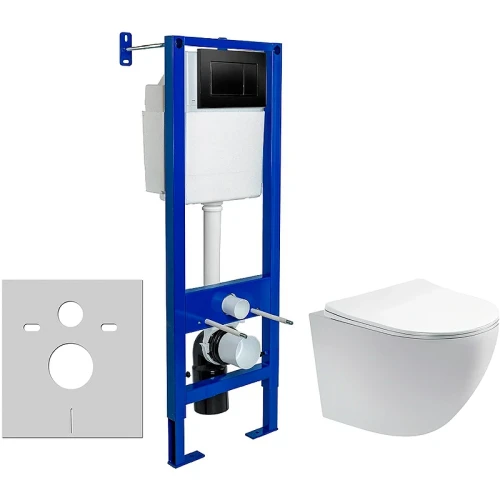Комплект унитаза Aquatek Европа AQ1900-00 с инсталляцией Berges Atom 410 040332 с сиденьем Микролифт и Черной матовой клавишей смыва фарфор подвесной