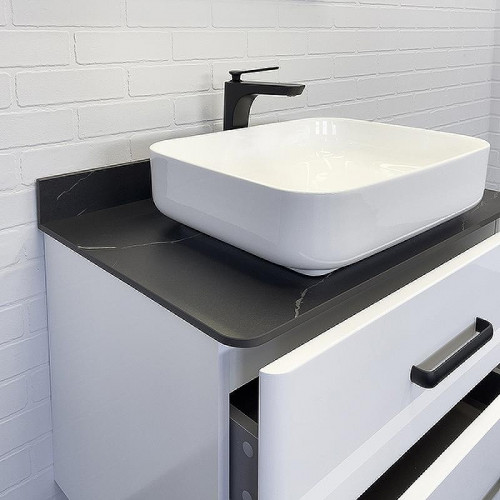 Тумба с раковиной Comforty Амстердам 75 00-00013775 подвесная Белая глянцевая Калакатта Блэк