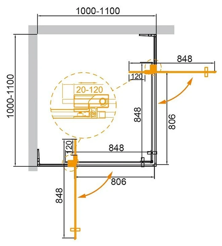 Душевой уголок Cezares Slider 110x110 SLIDER-A-2-100/110-GRIGIO-GM профиль цвет Оружейная сталь стекло серое