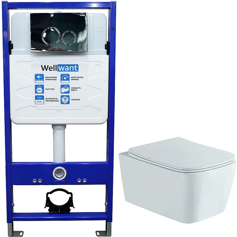 Комплект унитаза Aquatek Либра New AQ1148N-00 с инсталляцией WellWant Standart 50 WWISI1110B с сиденьем Микролифт и клавишей смыва Хром глянцевый фарфор подвесной