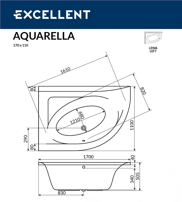 Акриловая ванна Excellent Aquarella 170x110 L WAEX.ARL17.ULTRA.CR с гидромассажем