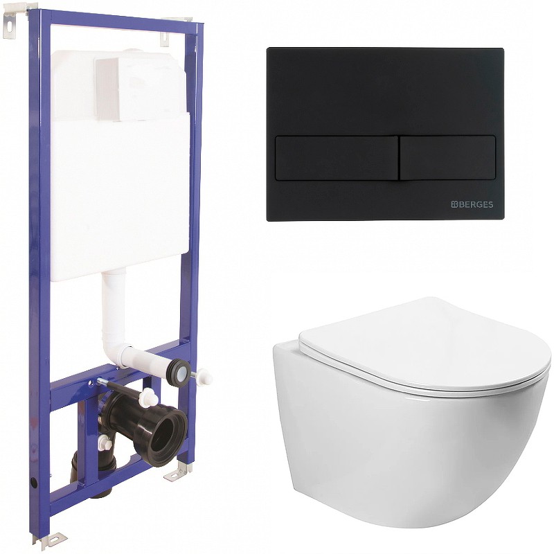 Комплект унитаза SantiLine SL-5005 с инсталляцией Berges Novum L5 040215 с сиденьем Микролифт и Черной матовой клавишей смыва фаянс подвесной