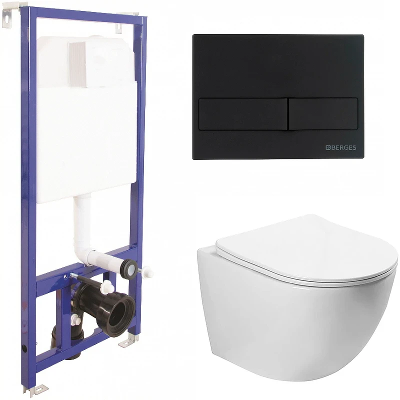 Комплект унитаза SantiLine SL-5005 с инсталляцией Berges Novum L5 040215 с сиденьем Микролифт и Черной матовой клавишей смыва фаянс подвесной