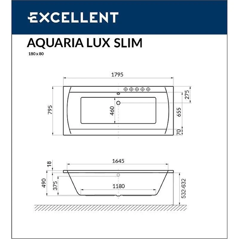 Акриловая ванна Excellent Aquaria Lux Slim 180x80 WAEX.AQU18S.RELAX.GL цвет Белый с гидромассажем форсунки Золото