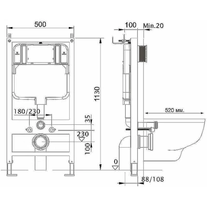 Унитаз с инсталляцией Ceramicanova Forma CN3009 + WellWant Standart 50 WWISI111BB с сиденьем Микролифт и Черной матовой клавишей смыва