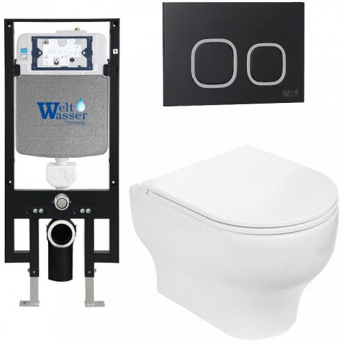 Комплект унитаза с инсталляцией WeltWasser AMBERG 497 + ERLENBACH 004 GL-WT + AMBERG RD-BL 10000006596 цвет Белый глянцевый с сиденьем Микролифт и клавишей смыва цвет Черный