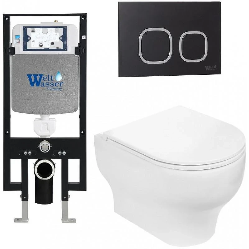 Комплект унитаза с инсталляцией WeltWasser AMBERG 497 + ERLENBACH 004 GL-WT + AMBERG RD-BL 10000006596 цвет Белый глянцевый с сиденьем Микролифт и клавишей смыва цвет Черный