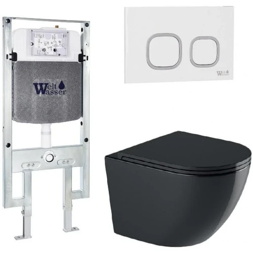 Комплект унитаза с инсталляцией WeltWasser AMBERG 497 ST + MERZBACH 041 XL MT-BL + AMBERG RD-WT 10000010941 цвет Черный матовый с сиденьем Микролифт и клавишей смыва цвет Белый