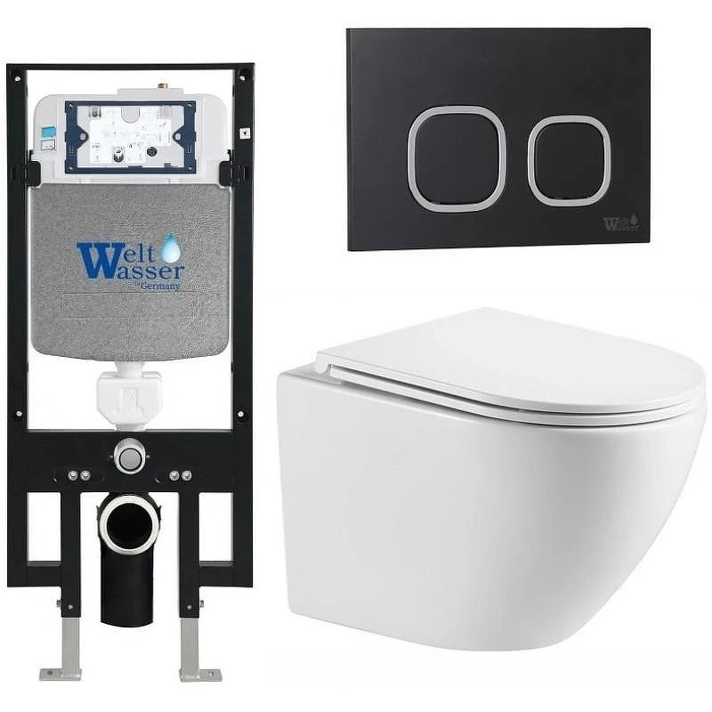 Комплект унитаза с инсталляцией WeltWasser AMBERG 497 + MERZBACH 043 MT-WT + AMBERG RD-BL 10000011410 цвет Белый матовый с сиденьем Микролифт и клавишей смыва цвет Черный