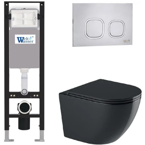Комплект унитаза с инсталляцией WeltWasser AMBERG 350 + MERZBACH 043 GL-BL + AMBERG RD-MT CR 10000012371 цвет Черный глянцевый с сиденьем Микролифт и клавишей смыва цвет Хром матовый