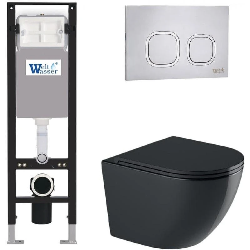 Комплект унитаза с инсталляцией WeltWasser AMBERG 350 + MERZBACH 043 GL-BL + AMBERG RD-MT CR 10000012371 цвет Черный глянцевый с сиденьем Микролифт и клавишей смыва цвет Хром матовый