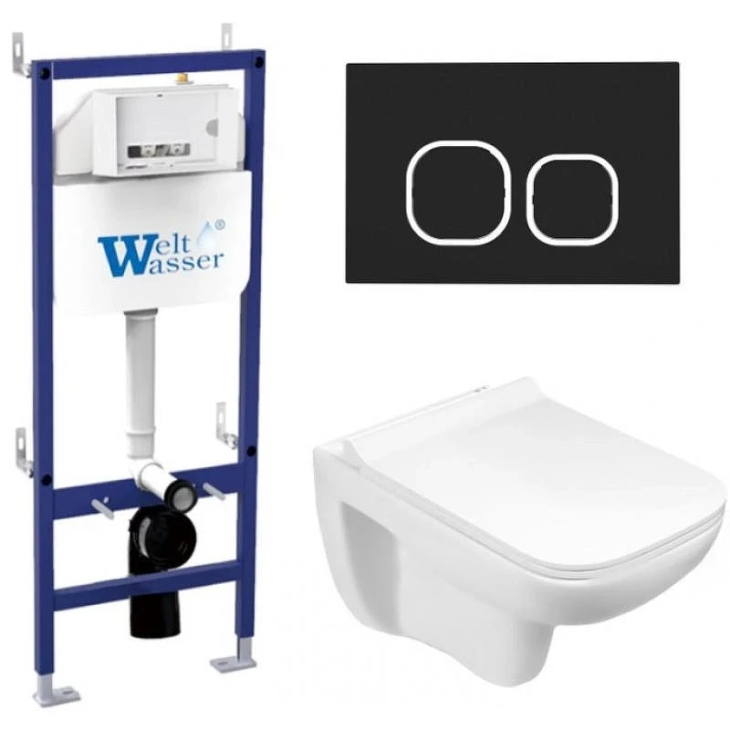 Комплект унитаза с инсталляцией WeltWasser BAMBERG 460 + KEHLBACH 004 GL-WT + BAMBERG BL 10000012849 цвет Белый глянцевый с сиденьем Микролифт и клавишей смыва цвет Черный