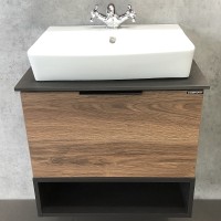 Тумба с раковиной Comforty Штутгарт 60 00004151039 подвесная Дуб темно-коричневый Черная столешница МДФ / ЛДСП