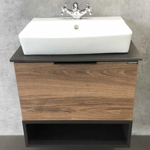 Тумба с раковиной Comforty Штутгарт 60 00004151039 подвесная Дуб темно-коричневый Черная столешница МДФ / ЛДСП