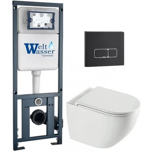 Комплект унитаза с инсталляцией WeltWasser MARBERG 410 + MERZBACH 043 XL GL-WT + MAR 410 SE MT-BL 10000013802 цвет Белый глянцевый с сиденьем Микролифт и клавишей смыва цвет Черный матовый