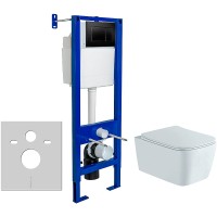 Комплект унитаза Aquatek Либра New AQ1148N-00 с инсталляцией Berges Atom 410 040332 с сиденьем Микролифт и Черной матовой клавишей смыва фарфор подвесной
