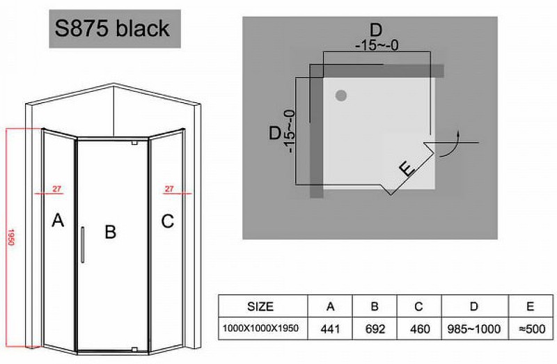 Душевой уголок Black&White Stellar Wind S875 100х100 8751010 профиль Черный стекло прозрачное