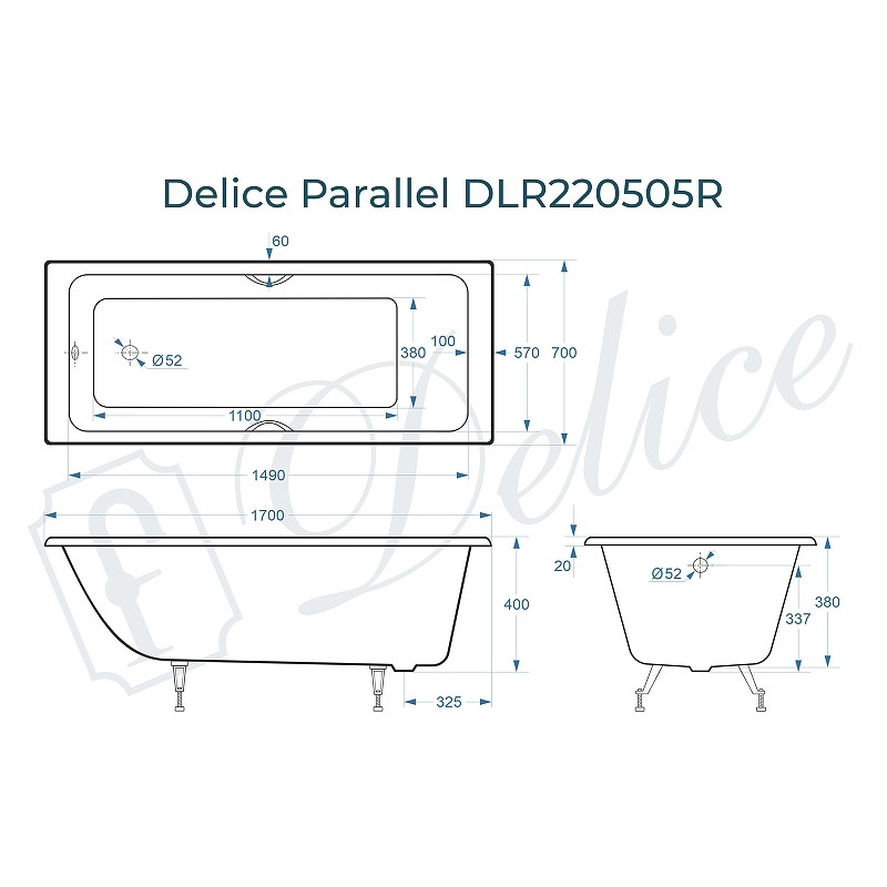 Чугунная ванна Delice Parallel 170x70 DLR220505R с ручками без антискользящего покрытия