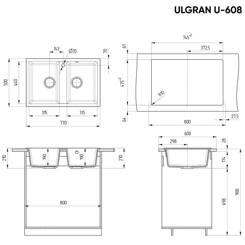 Кухонная мойка Ulgran Classic U-608-310 Серая искусственный камень (литьевой мрамор) встраиваемый