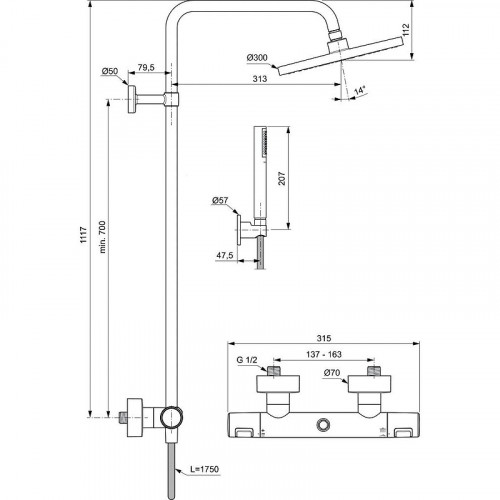 Душевая система Ideal Standard Ceratherm T25 BC748XG с термостатом Черная матовая латунь на стену