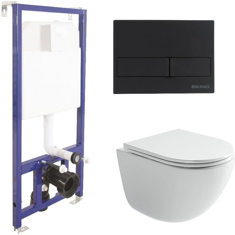 Комплект унитаза Ceramicanova Vogue CN4008T с инсталляцией Berges Novum L5 040215 с сиденьем Микролифт и Черной матовой клавишей смыва