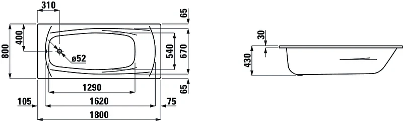 Стальная ванна Laufen Palladium 180х80 2.2510.3.600.040.1 цвет Белый с шумоизоляцией и антискользящим покрытием