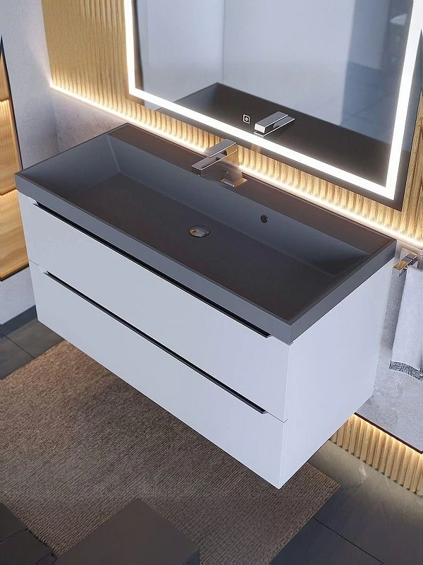Тумба с раковиной Uperwood Tanos-Classic Quartz 100 3930421703 подвесная цвет Белый матовый Графит матовый