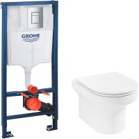 Комплект унитаза Jacob Delafon Elite EDX114RU-00 с инсталляцией Grohe Rapid SL 38772001 с сиденьем Микролифт и клавишей смыва Хром фарфор подвесной