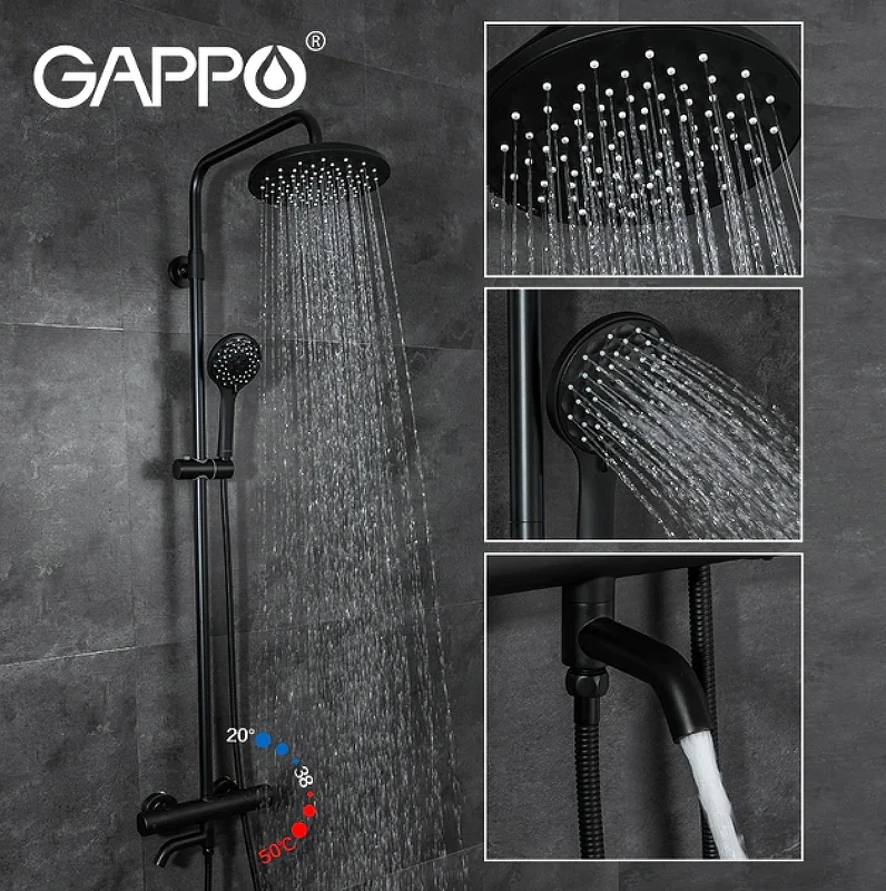 Душевая система Gappo G90 G2490-6 с термостатом Черная матовая латунь на стену