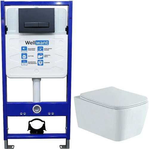 Комплект унитаза Aquatek Либра New AQ1148N-00 с инсталляцией WellWant Standart 50 WWISI111BB с сиденьем Микролифт и Черной матовой клавишей смыва фарфор подвесной