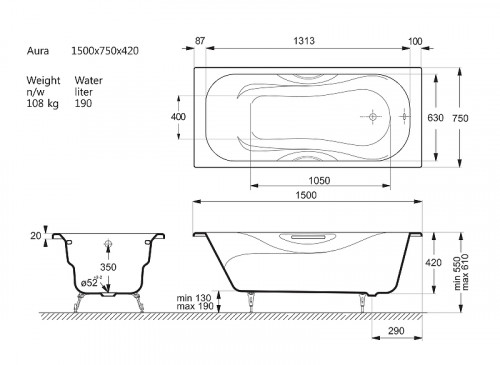 Чугунная ванна Vinsent Veron Aura 150x75 VAU1507542H/VH0015BL цвет Белый с дугообразными черными матовыми ручками