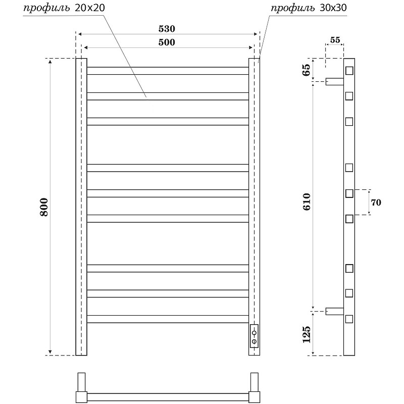 Электрический полотенцесушитель Point Вега PN71858GB П9 500x800 диммер справа Графит блеск