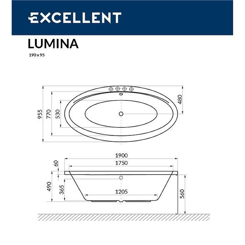 Акриловая ванна Excellent Lumina 190x95 WAEX.LUM19.LINENANO.GL цвет Белый с гидромассажем форсунки Золото