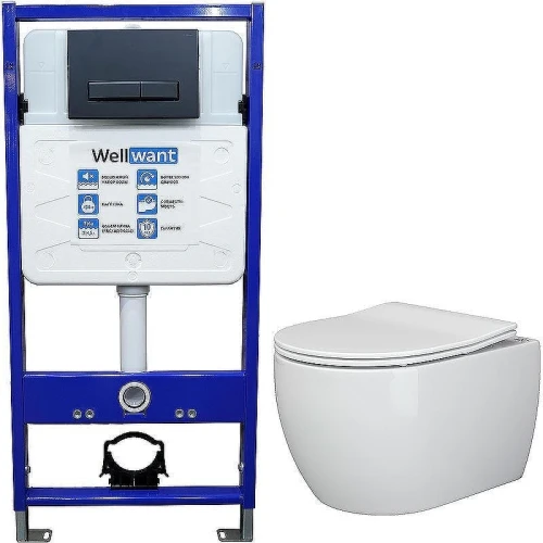 Унитаз с инсталляцией Ceramicanova Play CN3001 + WellWant Standart 50 WWISI111BB с сиденьем Микролифт и Черной матовой клавишей смыва
