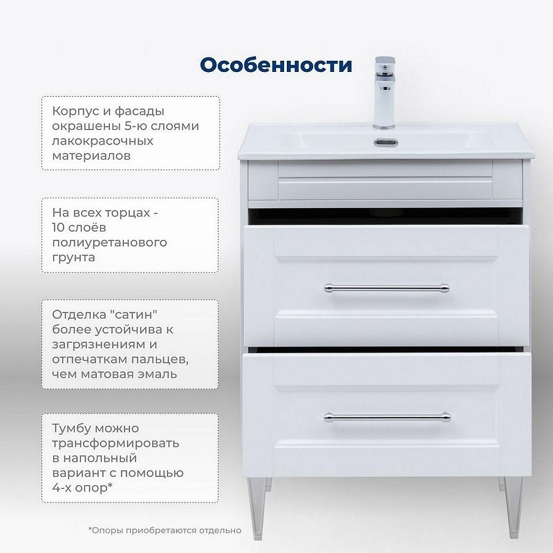 Тумба под раковину Aquanet Бостон New 70 339599 подвесная Белый сатин