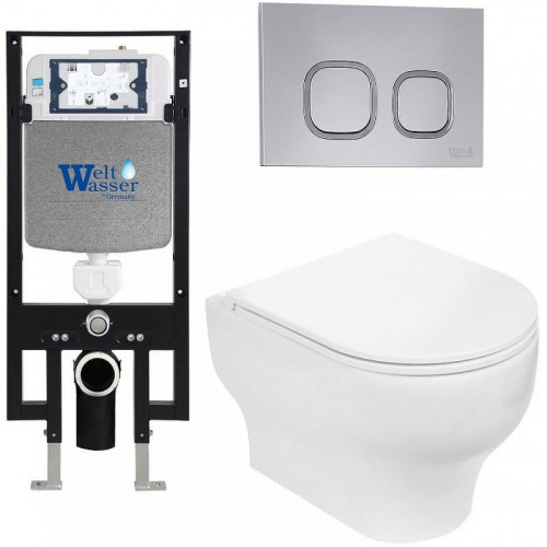 Комплект унитаза с инсталляцией WeltWasser AMBERG 497 + ERLENBACH 004 GL-WT + AMBERG RD-CR 10000006597 цвет Белый глянцевый с сиденьем Микролифт и клавишей смыва цвет Хром