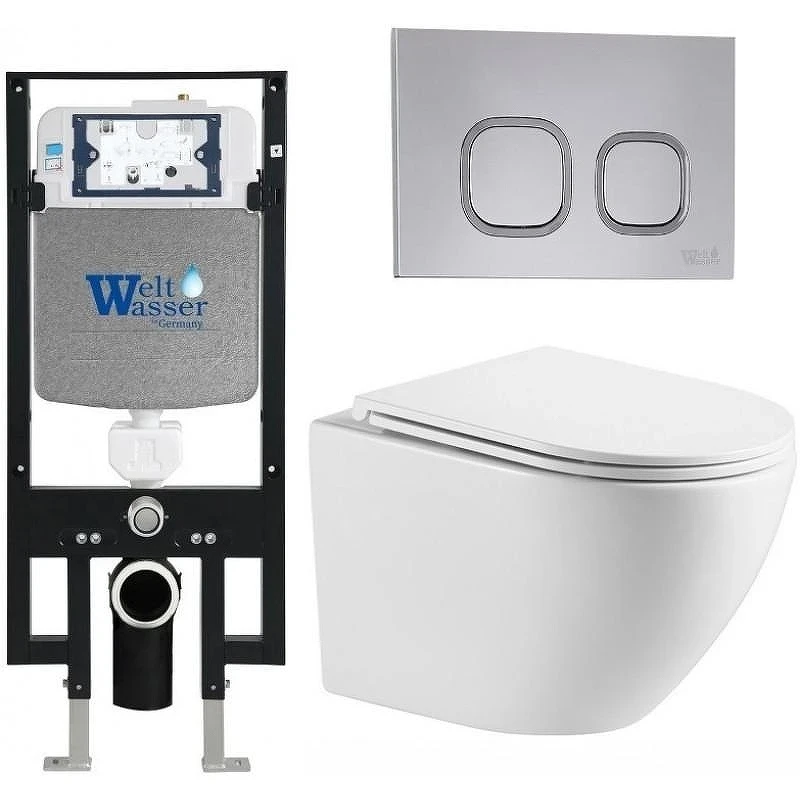 Комплект унитаза с инсталляцией WeltWasser AMBERG 497 + MERZBACH 043 MT-WT + AMBERG RD-CR 10000011411 цвет Белый матовый с сиденьем Микролифт и клавишей смыва цвет Хром