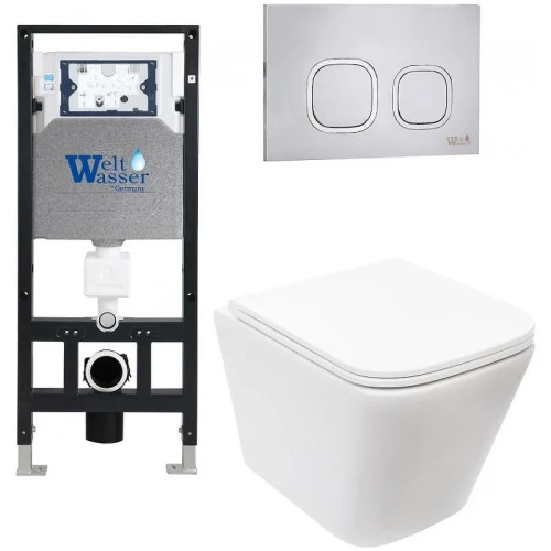 Комплект унитаза с инсталляцией WeltWasser AMBERG 506 + GELBACH 043 MT-WT + AMBERG RD-MT CR 10000011903 цвет Белый матовый с сиденьем Микролифт и клавишей смыва цвет Хром матовый