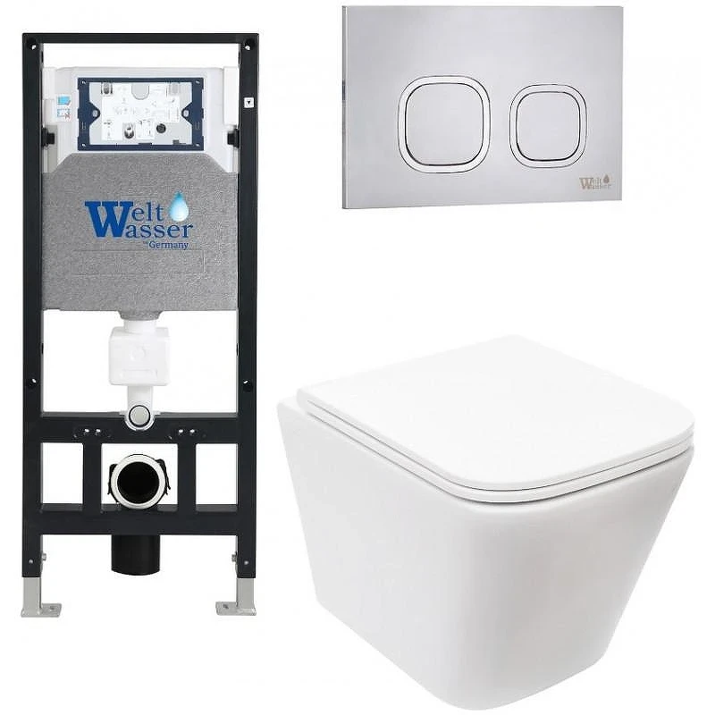 Комплект унитаза с инсталляцией WeltWasser AMBERG 506 + GELBACH 043 MT-WT + AMBERG RD-MT CR 10000011903 цвет Белый матовый с сиденьем Микролифт и клавишей смыва цвет Хром матовый