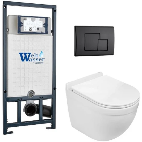 Комплект унитаза с инсталляцией WeltWasser MARBERG 507 + HEIMBACH 043 GL-WT + MAR 507 SE MT-BL 10000012168 цвет Белый глянцевый с сиденьем Микролифт и клавишей смыва цвет Черный матовый