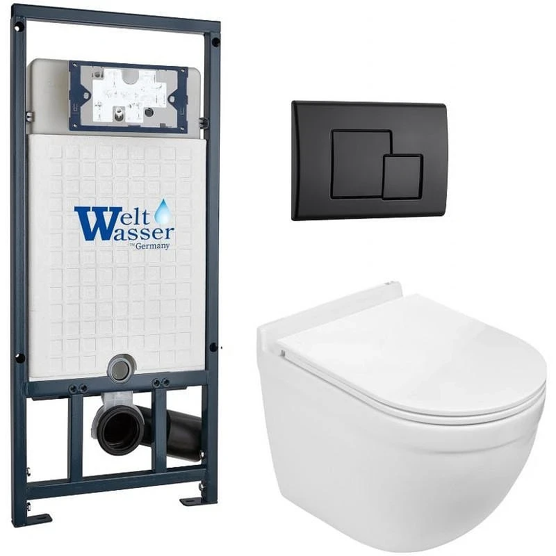 Комплект унитаза с инсталляцией WeltWasser MARBERG 507 + HEIMBACH 043 GL-WT + MAR 507 SE MT-BL 10000012168 цвет Белый глянцевый с сиденьем Микролифт и клавишей смыва цвет Черный матовый