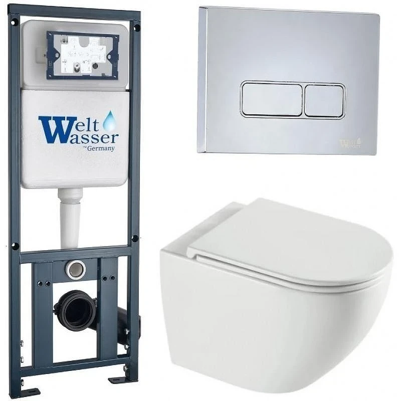 Комплект унитаза с инсталляцией WeltWasser MARBERG 410 + MERZBACH 043 XL GL-WT + MAR 410 SE-CR 10000013803 цвет Белый глянцевый с сиденьем Микролифт и клавишей смыва цвет Хром