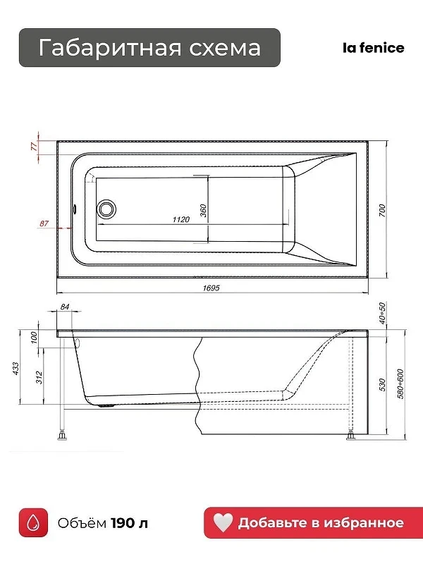 Акриловая ванна La Fenice Riviera 170х70 SV-Riv-17070K-SV цвет Белый разборный каркас, регулируемые ножки