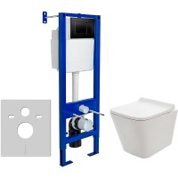 Комплект унитаза AQUAme AQM2004 с инсталляцией Berges Atom 410 040332 с сиденьем Микролифт и Черной матовой клавишей смыва фаянс подвесной