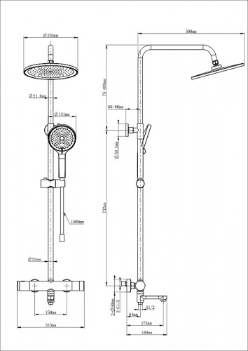 Душевая система Wonzon &amp; Woghand WW-B3069-BGG с термостатом цвет Темный графит