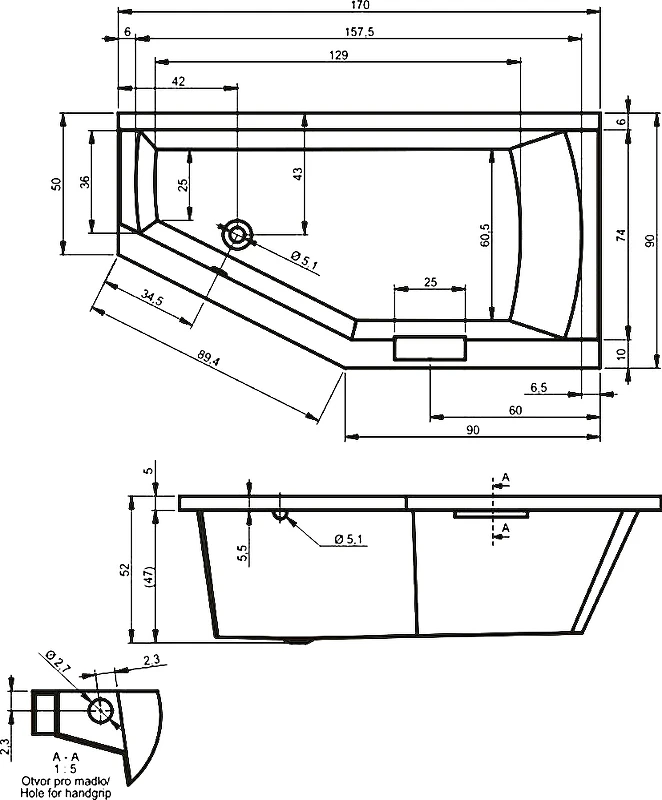 Акриловая ванна Riho Geta 170x90 B032001005 (BA8900500000000) L без гидромассажа