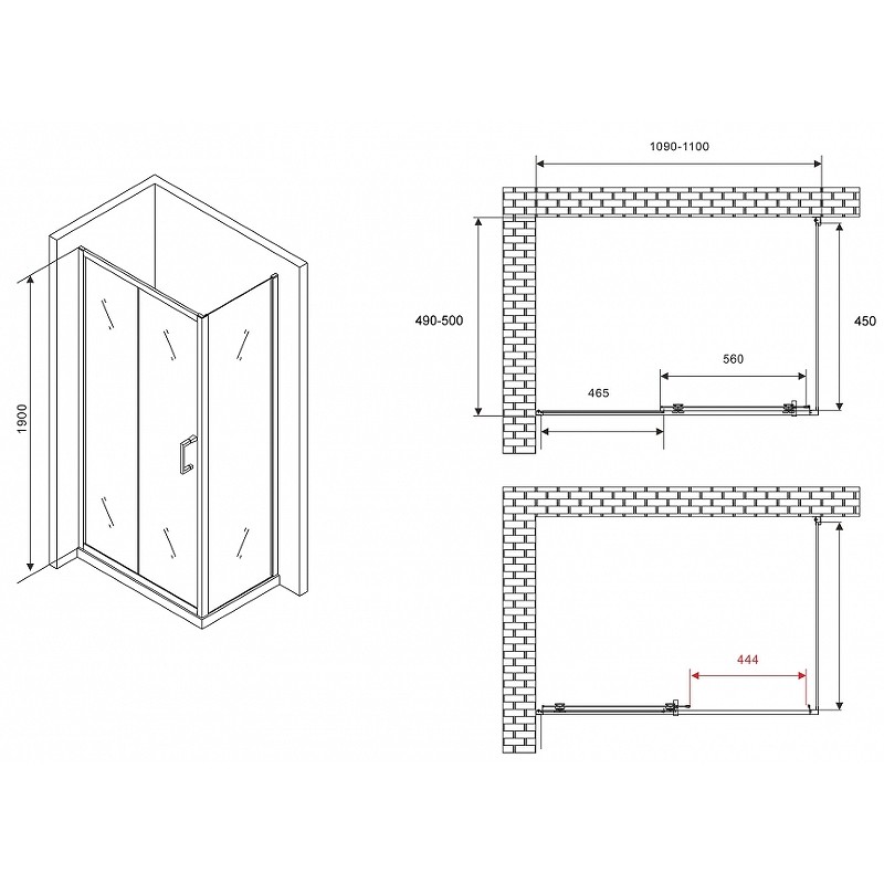 Душевой уголок Abber Schwarzer Diamant 110x50 AG301105-S505 профиль Хром стекло прозрачное