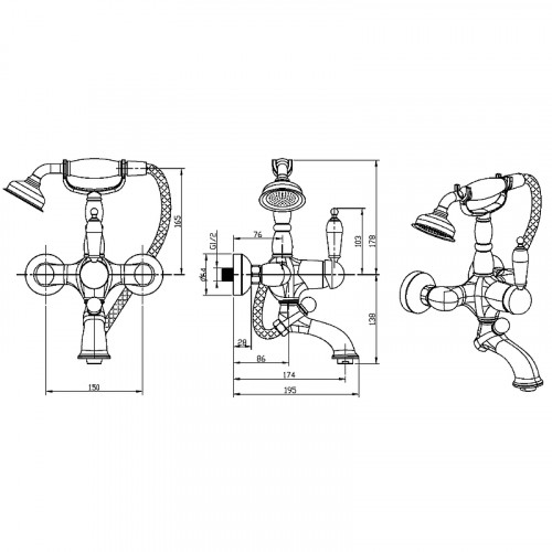 Смеситель для ванны Boheme Tradizionale Oro 283 Золото латунь на стену